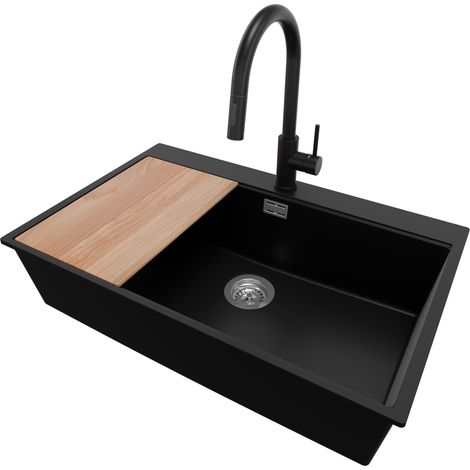 PRIMAGRAN Evier Cuisine en Granit 78x50cm,Lavabo 1 bac + Robinet 40x20cm + Kit de Vidage + Planche à Découper, Évier à Encastrer au meuble 80cm - Oslo, Noir (1/5)