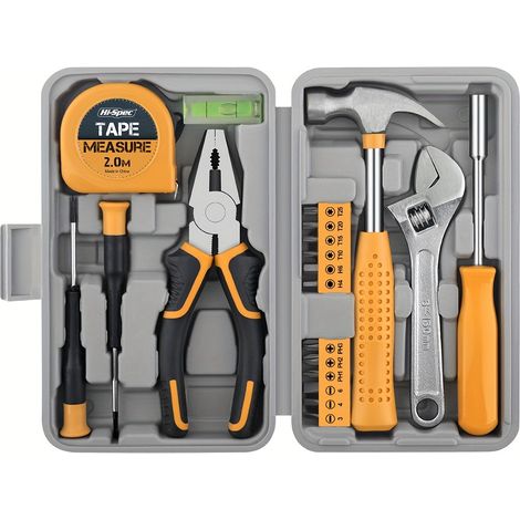 Kit d'outils universel 20 pièces - Boîte à outils en plastique jaune, sans électricité ni piles, matériau durable, idéal pour dortoirs universitaires, appartements et chambres, parfait pour les femmes (1/5)