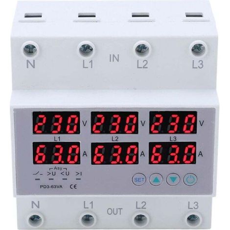 Voltmetro trifase per guida DIN, CA 390-500 V, voltmetro amperometro trifase per guida DIN, protezione automatica da sovratensione e sovracorrente, multitester (63 A)