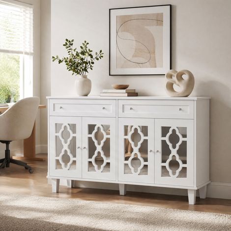 Credenza 140x40x83 cm in MDF bianco, con contenitore, per sala da pranzo FLORAGRACE (1/5)