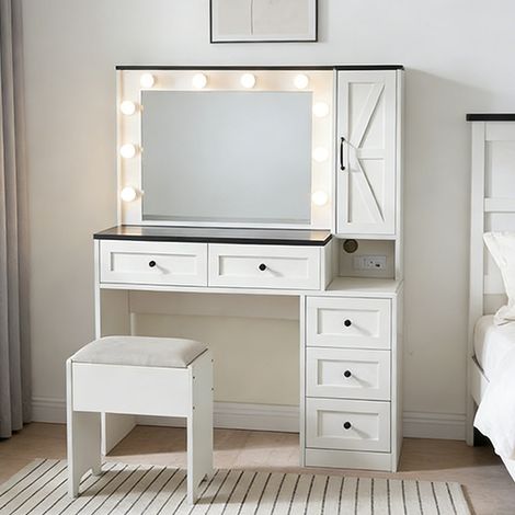 Coiffeuse Moderne Style Campagne avec Station de Charge + Prise + Ampoule, Table de Maquillage équipée de Miroir Éclairé + Tiroirs, Avec Tabouret, Panneau de Particules, Crème (1/5)