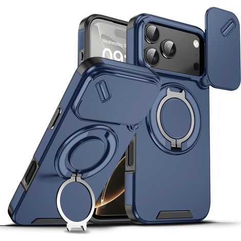 Phone case, stand phone case, shockproof protective case for iPhone 17 Pro Max, shockproof phone case with sliding camera cover, rotating ring stand, compatible with MagSafe accessories, magnetic shoc (1/5)