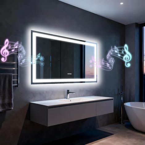 Miroir de salle de bain LED avec lumières120x70cm, double haut-parleur Bluetooth, anti-buée, 3 températures de couleur, luminosité à intensité variable, fonction mémoire, étanche, support mural, verre (1/5)