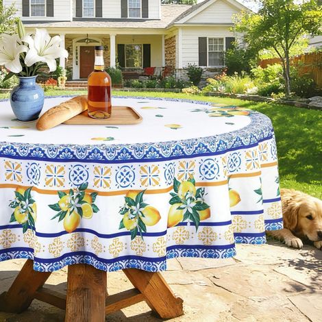 Nappe Ronde 152 cm avec motif citron, carreaux méditerranéens, bleu-blanc, facile d'entretien