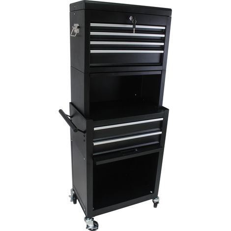Armoire à outils mobile noire en métal avec 6 tiroirs verrouillables et 4 roulettes pour atelier et garage (1/5)