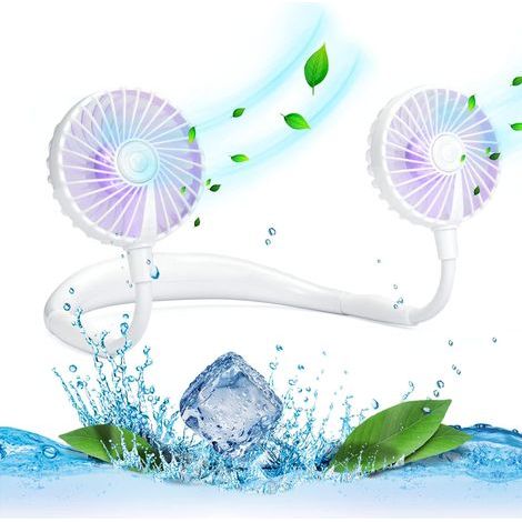 Ventilatore da collo portatile, ricaricabile tramite USB, rotazione a 360°, 3 velocità, luce LED colorata, ideale per viaggi e ufficio. (1/5)