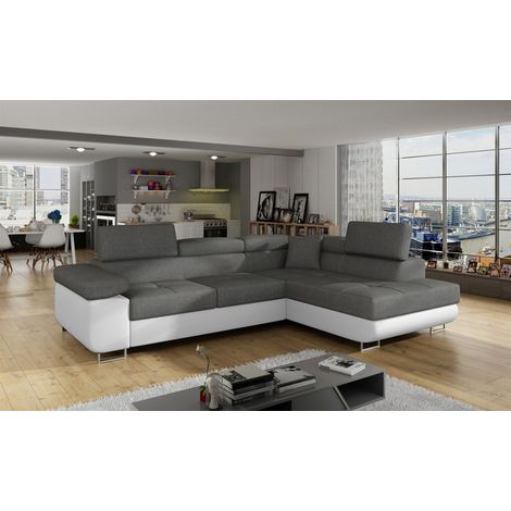 Ecksofa Schlafsofa SARRA Stoff Soft- Sawana Weiß-Dunkelgrau Ottomane Rechts (1/5)