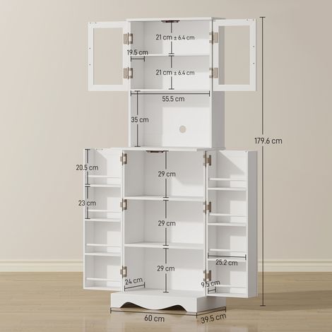 Garde-manger en bois et acrylique (2 placards, 8 étagères incluses, dimensions : 60 x 39,5 x 179,6 cm, blanc) (1/5)