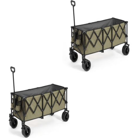 2er-Set foldable Extended Wagon with 220lbs Weight Capacity, Heavy Duty 300L Folding Utility Garden Cart with Big All-Terrain Beach Wheels & Drink Holders. -Army green