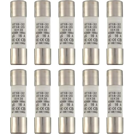Cartouche fusible céramique 16A 500V RT18-32 10x38mm haute tension (Lot de 10)