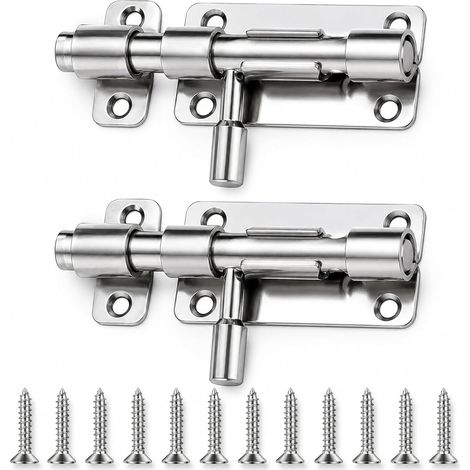 2 Targettes de Porte Coulissantes 4 Pouces en Inox, 12 Vis Incluses Loquet coulissant, verrou de porte, fermeture robuste, fenêtre, placard, portail, cabanon, abri de jardin, garage (Argent) (1/5)