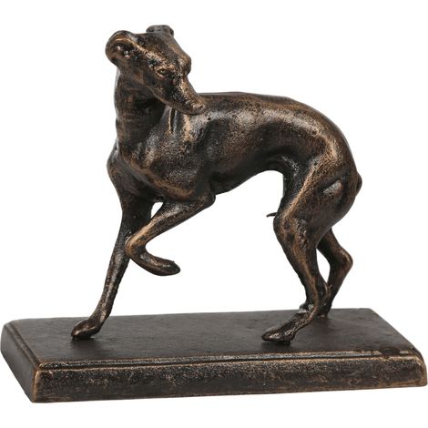 Statuetta in ghisa raffigurante un levriero su una base decorativa.