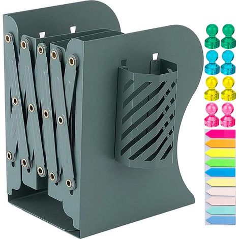 Serre-livre réglable vert avec porte-stylo, organiseur bureau pour maison, école et bibliothèque