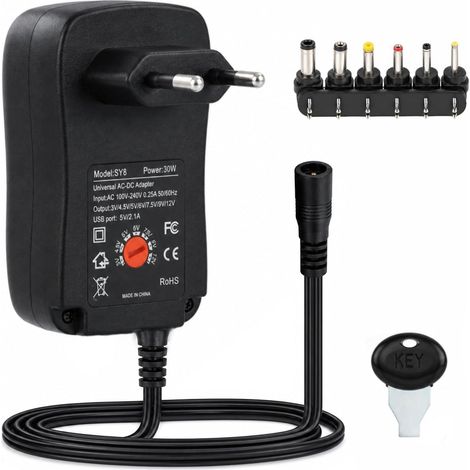 Adaptateur Secteur Universel Chargeur 12W/30W, Tension Réglable de 3V à 12V, 1000mA à 2000mA, avec Multiples Connecteurs pour Divers Appareils Électroniques (1/5)