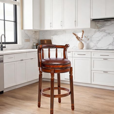 Tabouret de bar marron en cuir et bois pivotant 360° (1/5)