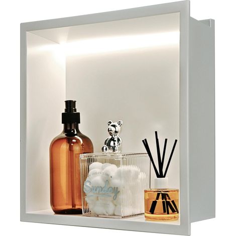 Niche murale LED encastrée pour douche, étagère de douche sans carrelage intégrée, en acier inoxydable, double rangement pour shampooing et gel douche (blanc mat, 30 x 30 cm) (1/5)