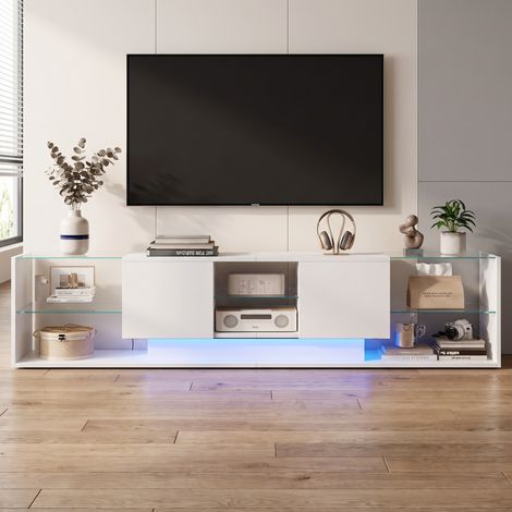 Meuble TV 200 cm, avec éclairage LED RGB, en bois et verre, moderne, Blanc (1/5)