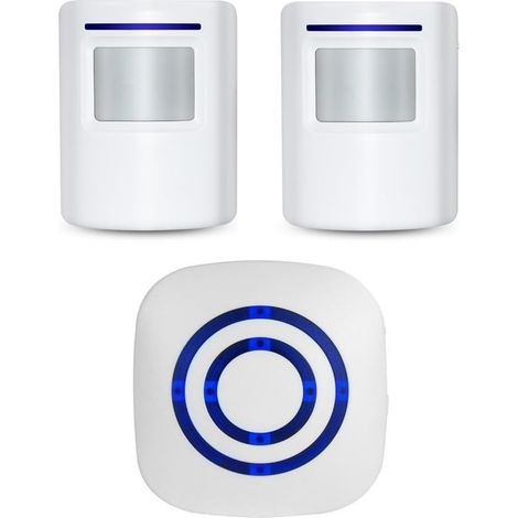 Système d'alarme sans fil pour allée, alerte d'entrée, sonnette de porte visiteur avec 1 récepteur enfichable et 2 détecteurs de mouvement PIR, son de qualité et LED, 38 mélodies
