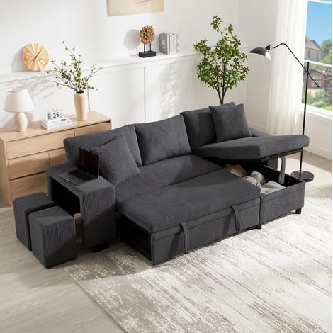 Sofá cama rinconera 231x131,5x84 cm en tela gris con arcón para espacios pequeños - MEUBLIV (1/5)