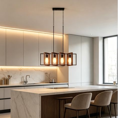 Lámpara colgante 80x21x90-130 cm de acero y madera negra, altura ajustable para comedor (1/5)