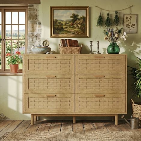 Kommode mit 5 Schubladen aus Rattan und Massivholz, Aufbewahrungsschrank Sideboard im rustikalen Landhausstil, 115x40x80 cm - Natur