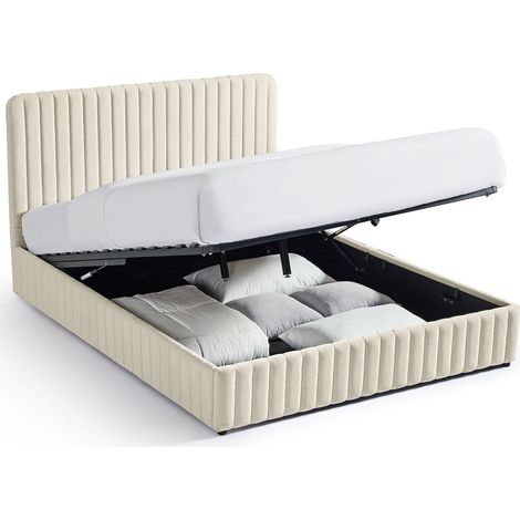 Lit coffre adulte 160x200 cm avec tête de lit capitonnée en tissu chenille beige - Alto