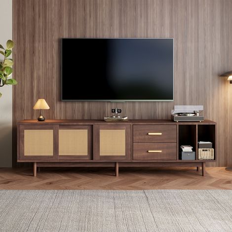 Meuble TV 190x40x52 cm - Style Rotin - 3 Portes + 2 Tiroirs + 2 Compartiments - Structure MDF - 6 Pieds - Brun (1/5)