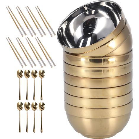 Ensemble bol, cuillère et baguettes en acier inoxydable 304, couverts de cuisine pour la maison et le restaurant, couleur or. (1/5)