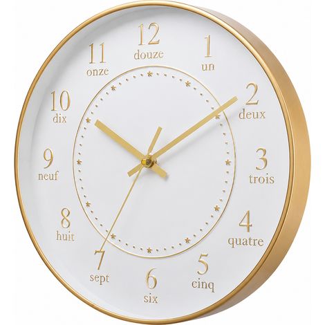 Horloge murale silencieuse à quartz 30 cm fond blanc or champagne réf 6333 – Livraison gratuite