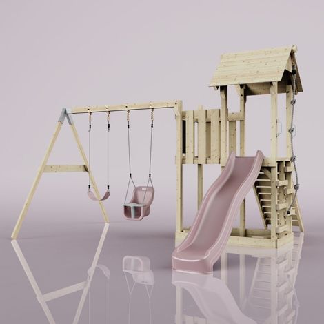 PolarPlay Balcony Tower Kids Wooden Climbing Frame - Swing Hagen Rose (1/5)