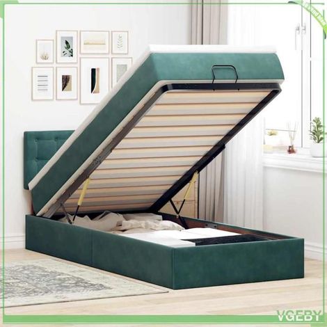 Lit ottoman avec matelas - Modèle 3312743 - Velours vert foncé - 90x200 cm - Rangement hydraulique & LED (1/5)