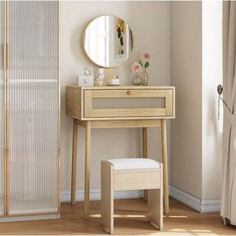Tocador bohemio con espejo redondo, cajones amplios, madera MDF, vidrio y pino, color roble (1/5)