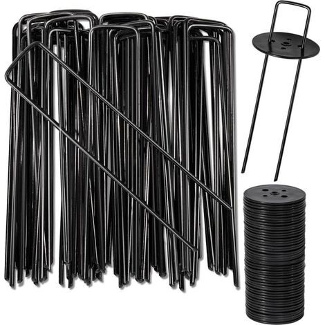 Befestigungspfähle, Gartenpfähle aus Kohlenstoffstahl, 40 schwarze Pfähle + 40 schwarze Unterlegscheiben, Befestigungspfähle für Kunstrasen, Zäune, Planen, Gras, H 150 mm, L 25 mm, Ø 2,8 mm (1/5)