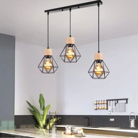 – Lustre vintage 3 lumières en fer noir – Abat-jour cage métallique – Compatible E27 – Pour salle à manger, salon, chambre (1/5)