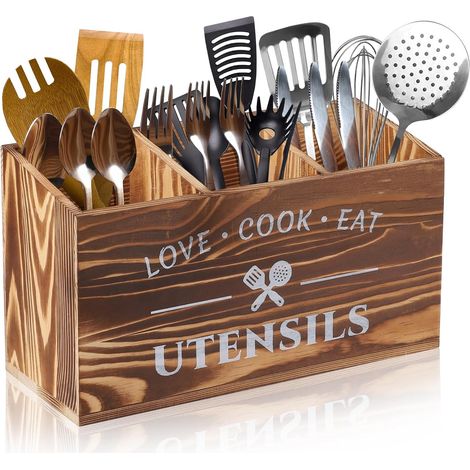 Kitchen Utensil Holder 3 Compartments Draining Bottom Wooden Utensil Rack Rustic Kitchen Organizer for Worktop Worktop Decoration Brown (1/5)