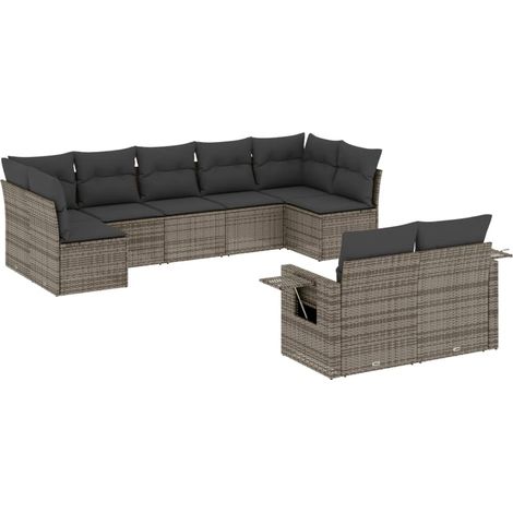 Set de muebles de jardín 9 pzas y cojines ratán sintético gris vidaXL (1/5)