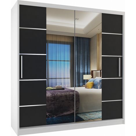 BELINI Verona ME Schiebetürenschrank 158 cm - Kleiderschrank mit Spiegel & 2 Schubladen, Schlafzimmer - Weiß/Schwarz Matt (1/3)
