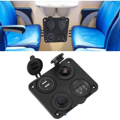 12V 4-Port LED-Wippschalterpanel mit Zigarettenanzünder, Voltmeter und zwei 4,2A USB-Anschlüssen für Auto oder Boot – Blau