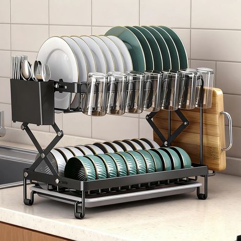Égouttoir à vaisselle pliable 2 niveaux en acier inoxydable avec porte-couverts, porte-gobelets et support pour planche à découper, organisateur de cuisine (1/5)