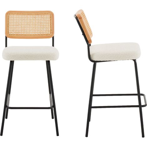 Lot de 2 chaises de bar en cannage et tissu bouclé beige, piètement noir - Muse (1/5)