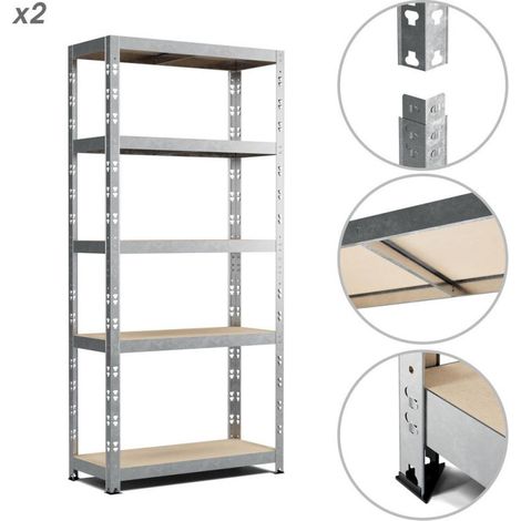 Lot de 2 étagères modulables en métal 150 x 70 x 30 cm – Charge max 500 kg – 5 niveaux – Fixation murale incluse – Montage rapide sans outils – Eurospen