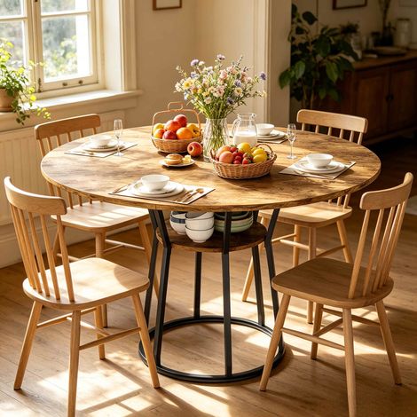 Tavolo da pranzo rotondo 120 cm – tavolo da cucina – piano in legno e metallo – contenitore integrato – 75 kg – colore rovere (1/5)