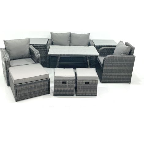 Fimous Gartenmöbel-Set Rattan Sofa Esstisch Set mit Liegestühle 3 Hockern 2 Beistelltisch Dunkelgrau Gemischt (1/4)
