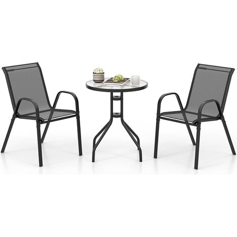 Goplus – Ensemble bistrot de jardin 3 pièces – Table ronde en verre trempé 60x60cm – 2 chaises ergonomiques avec accoudoirs – Design empilable (1/5)