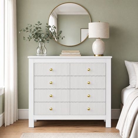 Cómoda de tablero de partículas blanca con 5 cajones texturizados y tiradores dorados, 79 x 39,5 x 80,5 cm