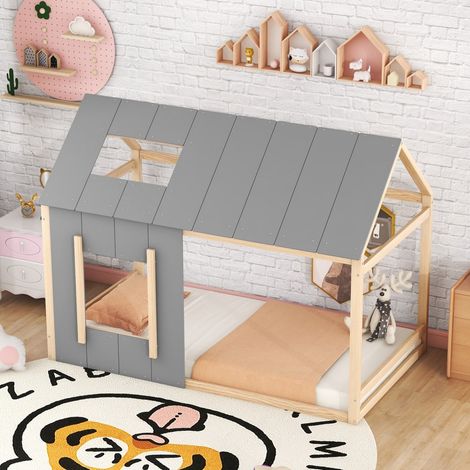 Lit Cabane 90x200cm - Lit Enfant 90x200 en Bois avec Toit et Fenêtre – Style Scandinave – Bois Naturel et Gris (1/5)