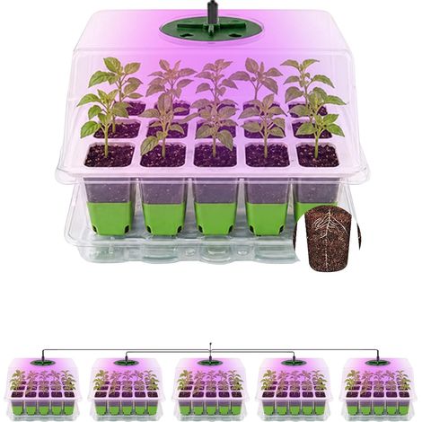Seed Starter Tray with Grow Light,Silicone Souple Mini Serre pour Semis,5 Pack 60 Cells Bac à Semis,Seed Starter Kit with Smart Timer,4 Timing,Humidité Réglable (1/5)