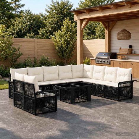 vidaXL Set Divano da Giardino 11 pz Nero e Bianco Crema polyrattan (1/5)