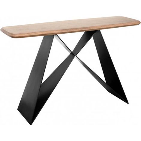 MYLONIS - Console Plateau en Acacia Massif Pieds Métal Noir Forme Papillon