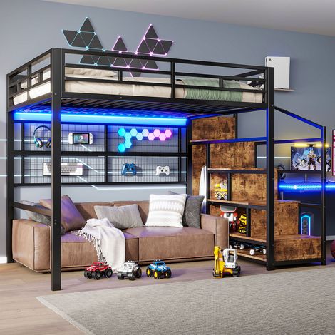 Lit mezzanine 140 x 200 cm - structure en fer - avec penderie + échelle de rangement - ruban lumineux LED - noir (matelas non inclus)